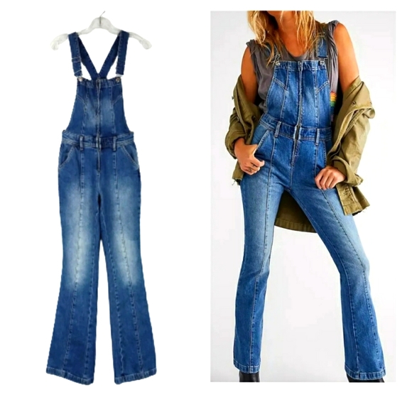 We The Free Pants - We The Free Camilla Overalls Boot Cut Slim Fit Denim in Rolling River Size XS